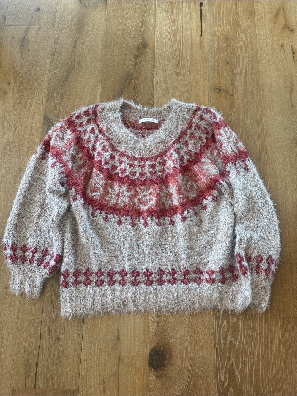 Altar'd State Cream and Red Fuzzy Fair Isle Crew Sweater